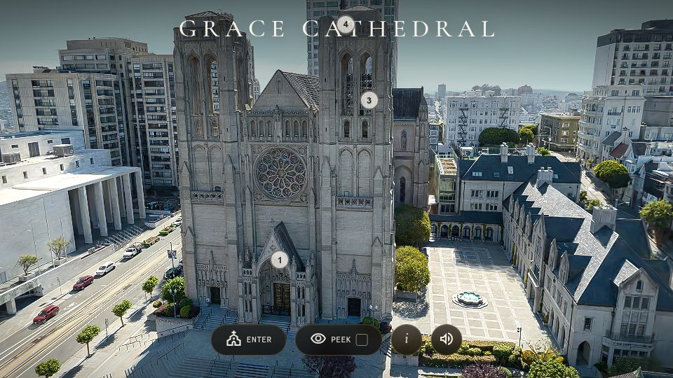Screenshot of vincentwoo.com: Show HN: Immersive Gaussian Splat tour of grace cathedral, San Francisco