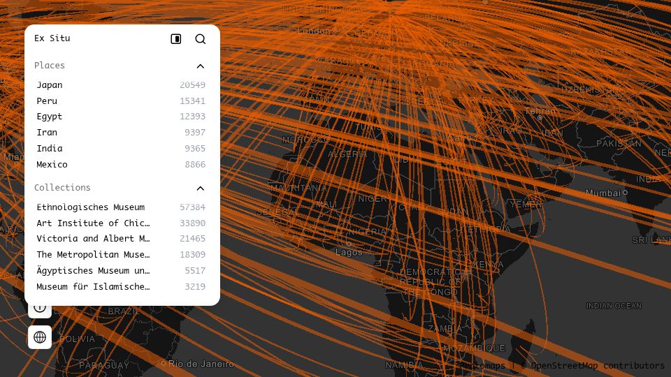 Screenshot of exsitu.app: Show HN: Ex Situ – Open-source spatial index of displaced cultural artifacts