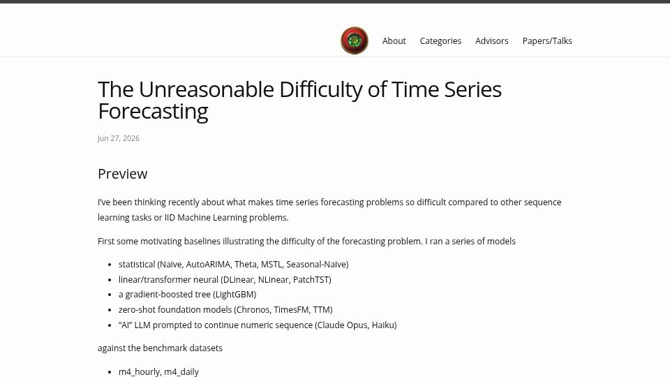 Screenshot of suzyahyah.github.io: The unreasonable difficulty of time series forecasting