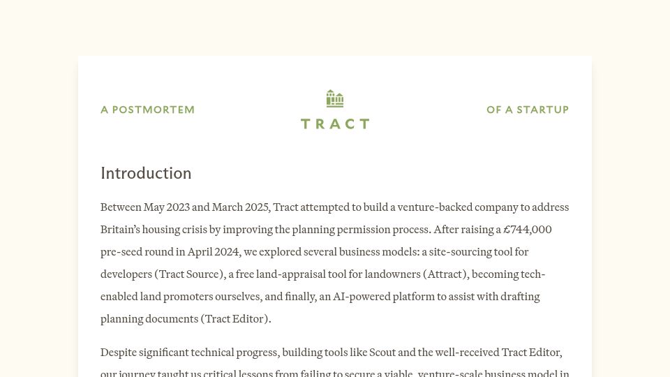Screenshot of buildwithtract.com: Postmortem of a British Startup: Tract