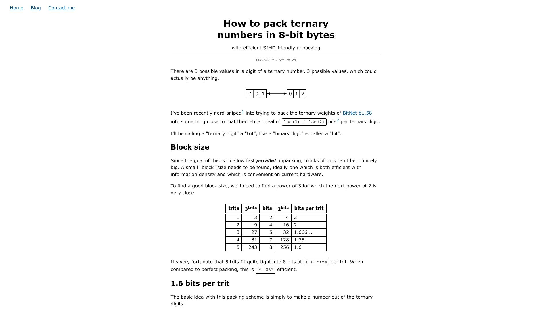 Screenshot of compilade.net: How to pack ternary numbers in 8-bit bytes
