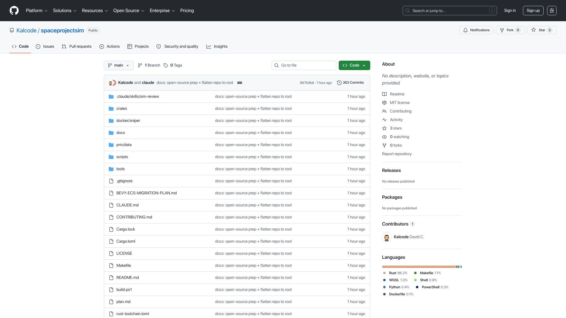 Screenshot of github.com: Show HN: A self-running space economy SIM in Rust and Bevy