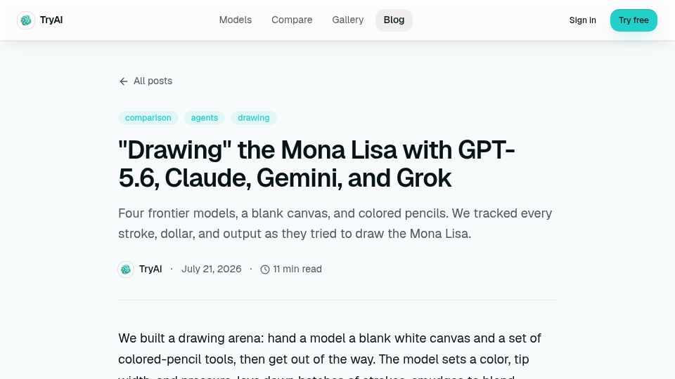Screenshot of tryai.dev: "Drawing" the Mona Lisa with GPT-5.6, Claude, Gemini, and Grok