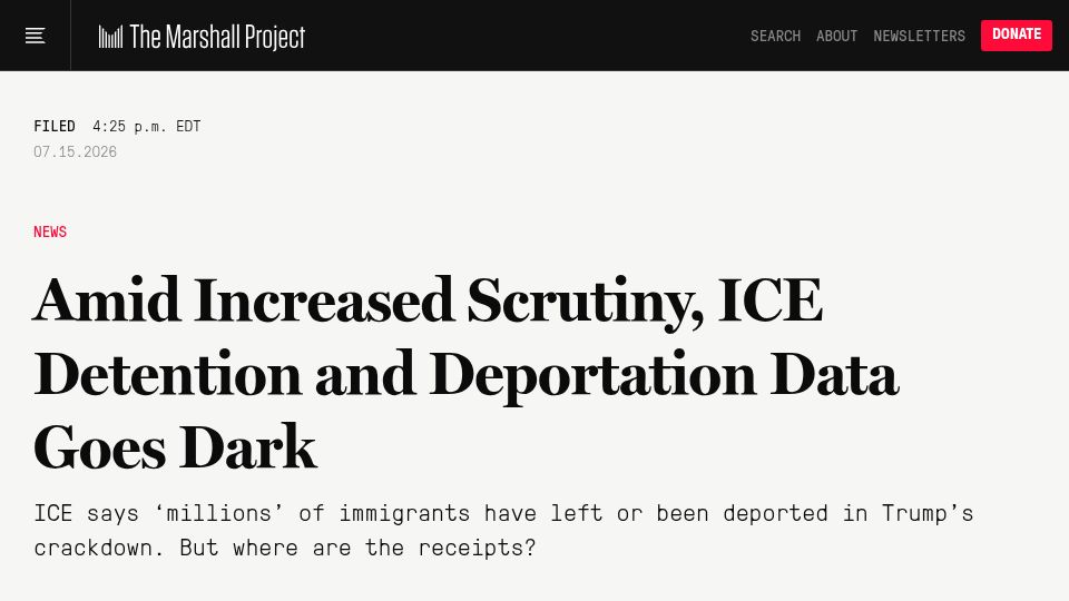 Screenshot of themarshallproject.org: Amid Increased Scrutiny, ICE Detention and Deportation Data Goes Dark