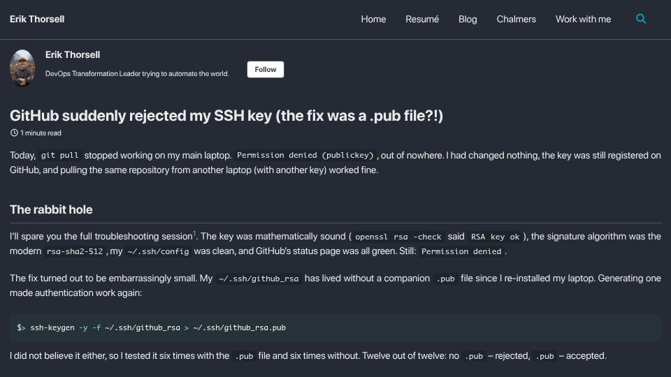 Screenshot of thorsell.io: GitHub suddenly rejected my SSH key (the fix was a .pub file?)