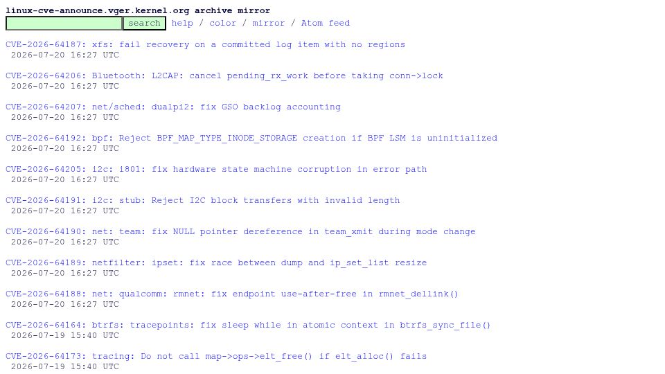 Screenshot of lore.kernel.org: Over 400 Linux CVEs published in the last 24 hours alone