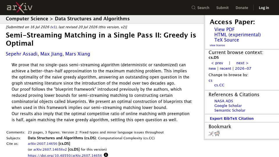 Screenshot of arxiv.org: Greedy is optimal for single-pass semi-streaming matching