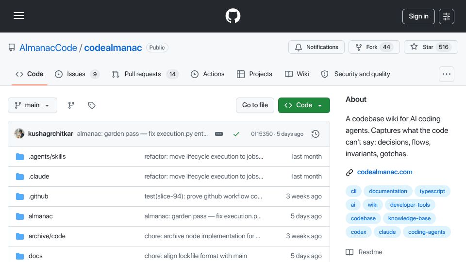Screenshot of github.com: Show HN: CodeAlmanac – Karpathy-style codebase wiki from your conversations