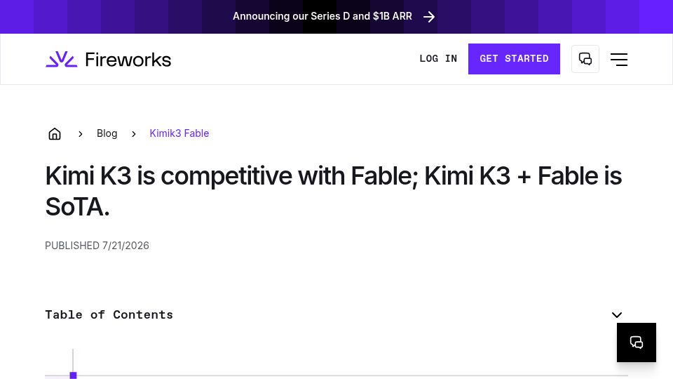 Screenshot of fireworks.ai: Kimi K3 Is Competitive with Fable; Kimi K3 and Fable Is SoTA