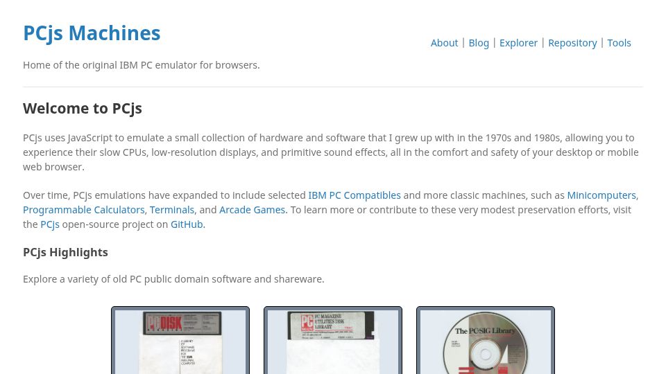 Screenshot of pcjs.org: PCjs Machines