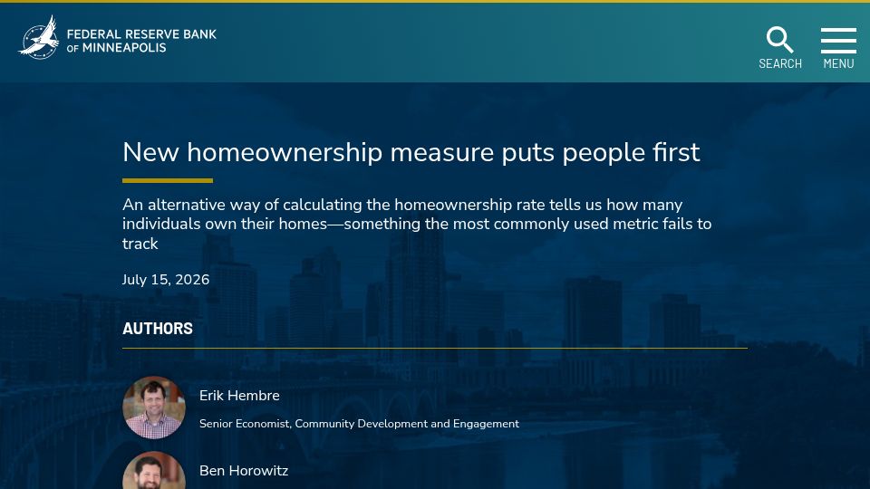 Screenshot of minneapolisfed.org: New US homeownership measure puts people first