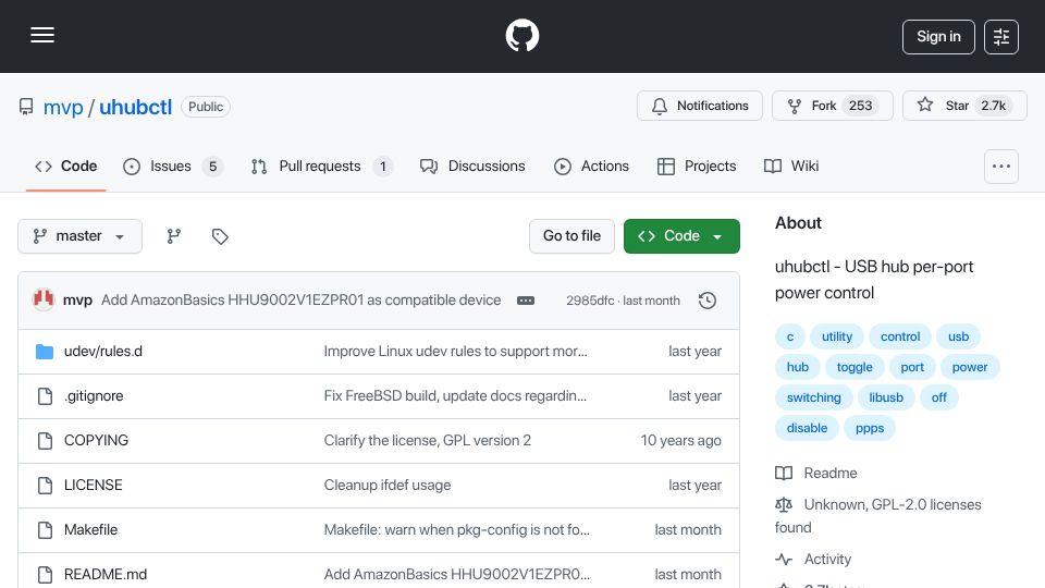 Screenshot of github.com: Uhubctl – Control USB power per-port on smart USB hubs