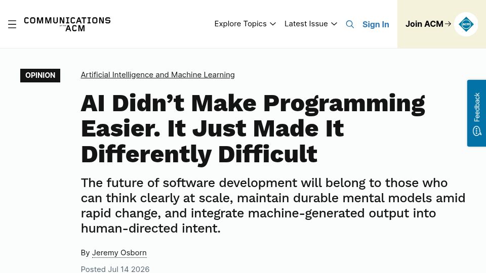 Screenshot of cacm.acm.org: AI makes programming differently difficult