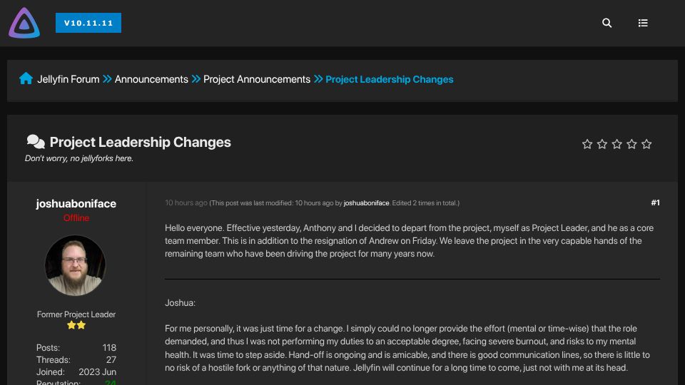 Screenshot of forum.jellyfin.org: Jellyfin founder Andrew leaves team