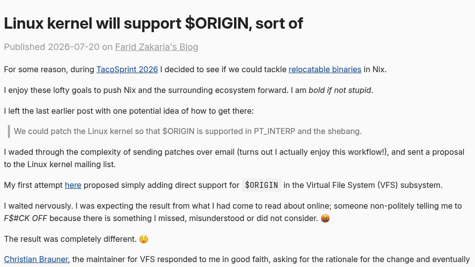 Screenshot of fzakaria.com: Linux kernel will support $ORIGIN, sort of
