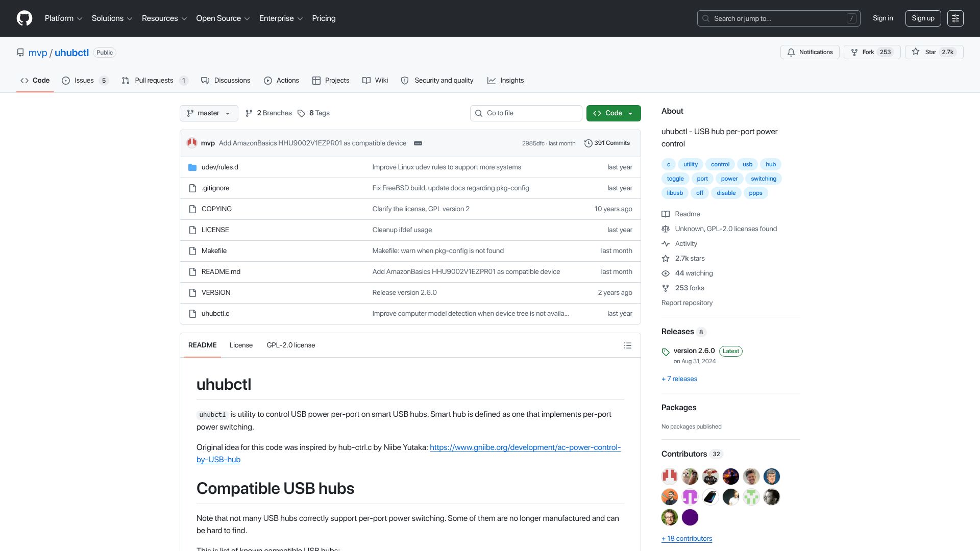 Screenshot of github.com: Uhubctl – Control USB power per-port on smart USB hubs