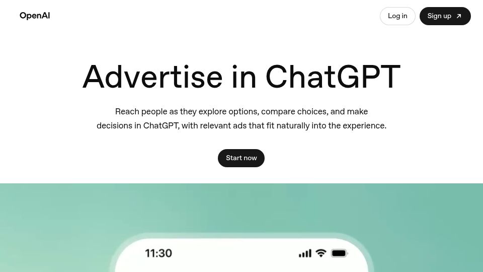Screenshot of ads.openai.com: Advertise in ChatGPT