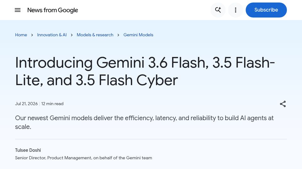 Screenshot of blog.google: Gemini 3.6 Flash, 3.5 Flash-Lite, and 3.5 Flash Cyber