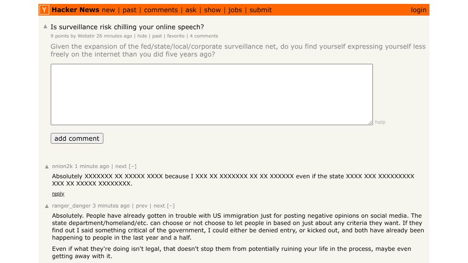 Screenshot of Hacker News post: Is surveillance risk chilling your online speech?