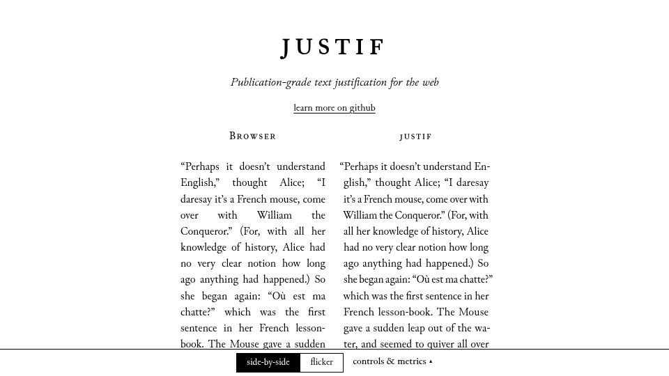 Screenshot of justif.lyall.co: Show HN: Justif – Knuth-Plass justification and microtypography for the web