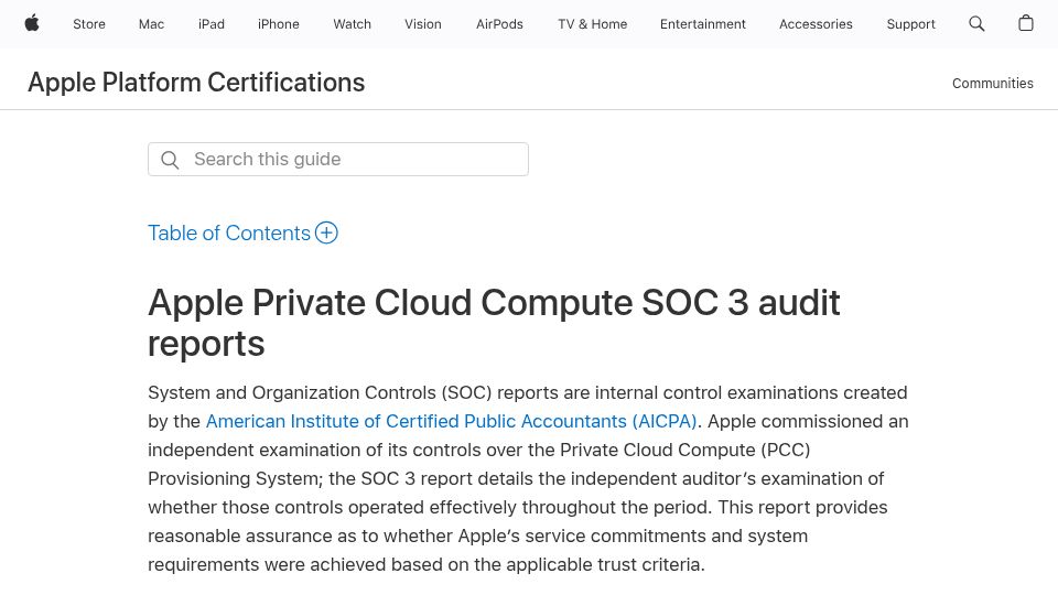 Screenshot of support.apple.com: Apple Private Cloud Compute SoC 3 audit reports