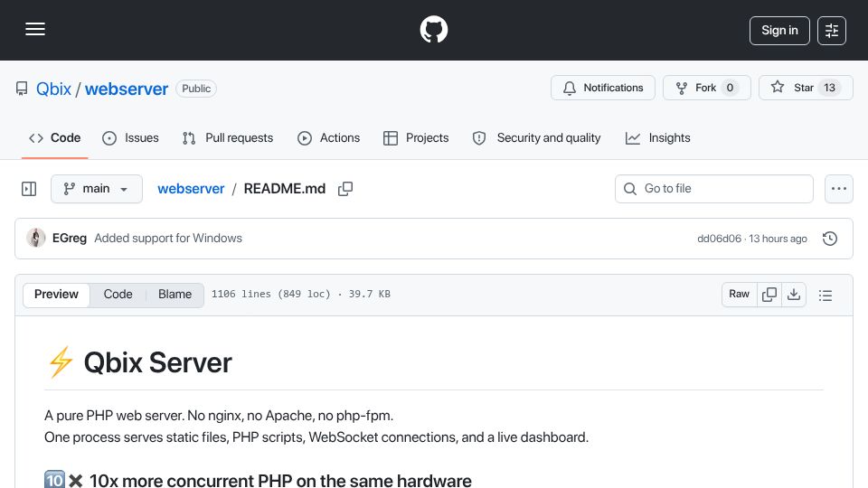 Screenshot of github.com: A PHP server that can handle 10x as many concurrent requests as Nginx+PHP-fpm