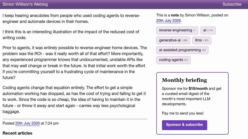 Screenshot of simonwillison.net: Reverse-engineering is cheap now