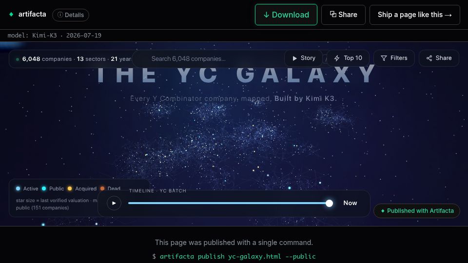 Screenshot of artifacta.io: Show HN: Explore 6048 YC companies as an interactive galaxy