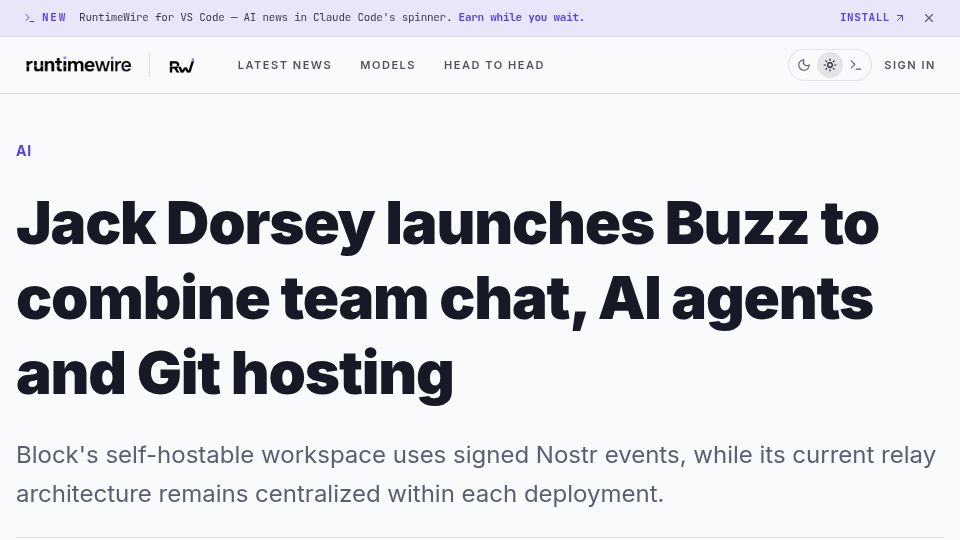Screenshot of runtimewire.com: Jack Dorsey launches Buzz to combine team chat, AI agents and Git hosting