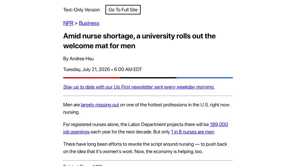 Screenshot of text.npr.org: Amid nurse shortage, a university rolls out the welcome mat for men
