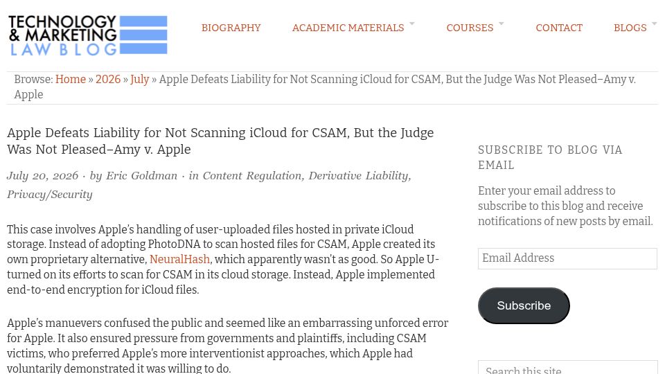 Screenshot of blog.ericgoldman.org: Apple defeats liability for not scanning iCloud for CSAM