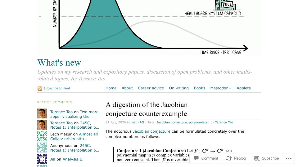 Screenshot of terrytao.wordpress.com: A digestion of the Jacobian conjecture counterexample