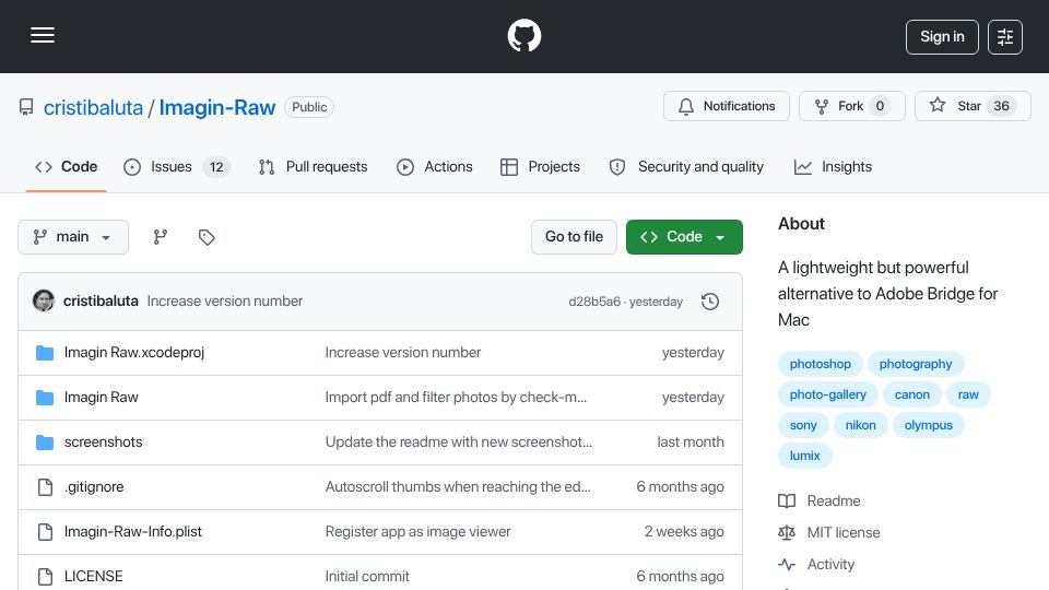 Screenshot of github.com: Show HN: Imagin Raw – A 9MB Open-Source Alternative to Adobe Bridge for Mac