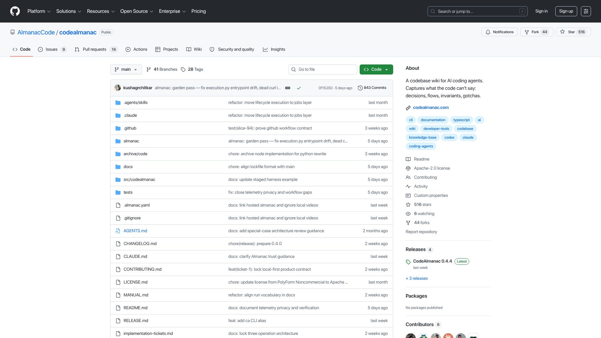 Screenshot of github.com: Show HN: CodeAlmanac – Karpathy-style codebase wiki from your conversations