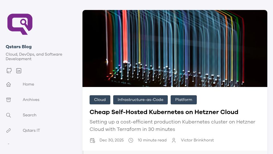 Screenshot of blog.qstars.nl: Cheap self-hosted Kubernetes on Hetzner cloud (2025)