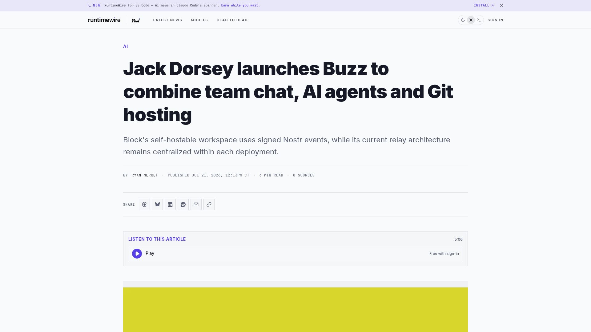 Screenshot of runtimewire.com: Jack Dorsey launches Buzz to combine team chat, AI agents and Git hosting