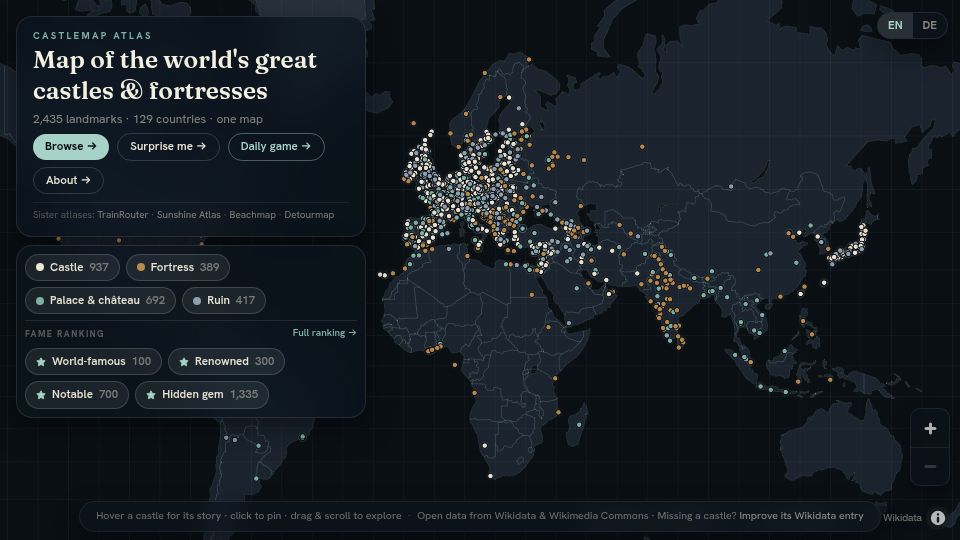 Screenshot of thecastlemap.com: Map of the world's great castles and fortresses