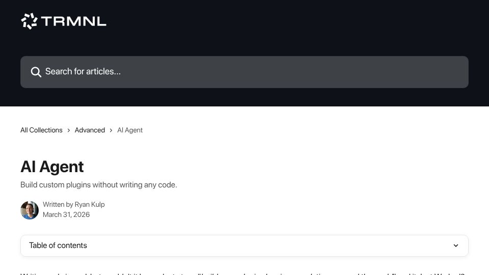 Screenshot of help.trmnl.com: AI Agent – TRMNL