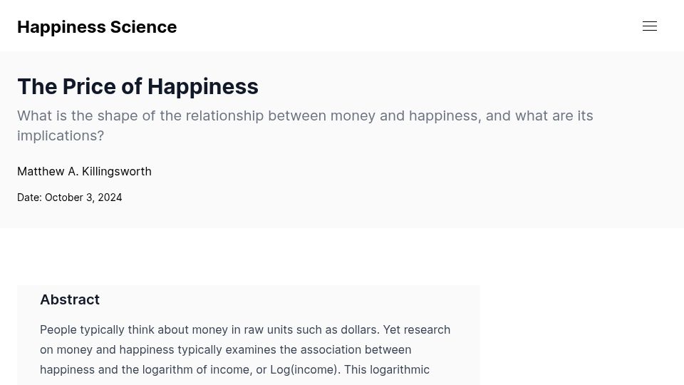 Screenshot of happiness-science.org: The Price of Happiness (2024)