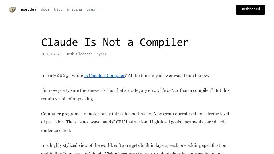 Screenshot of blog.exe.dev: Claude Is Not a Compiler