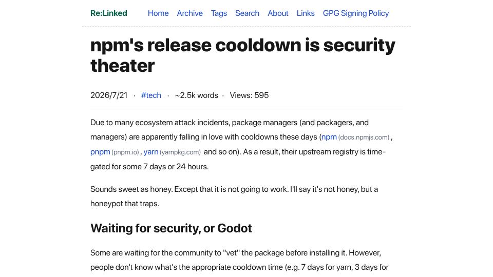 Screenshot of blog.outv.im: NPM's release cooldown is security theater