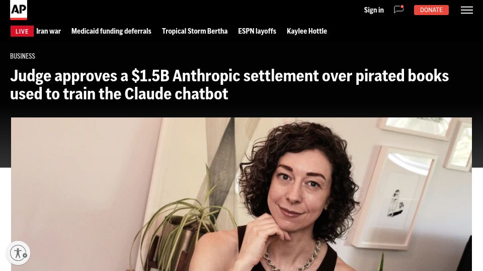 Screenshot of apnews.com: Judge approves $1.5B Anthropic settlement for pirated books used to train Claude