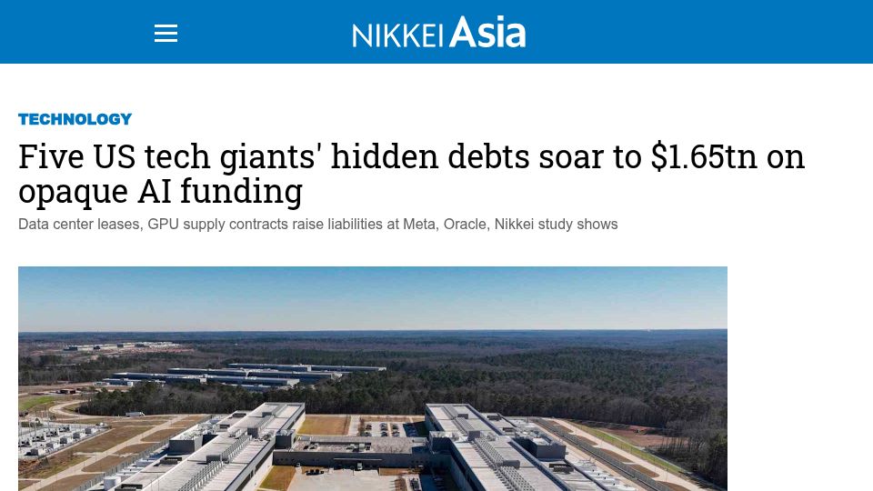 Screenshot of asia.nikkei.com: Five US tech giants' hidden debts soar to $1.65T on opaque AI funding