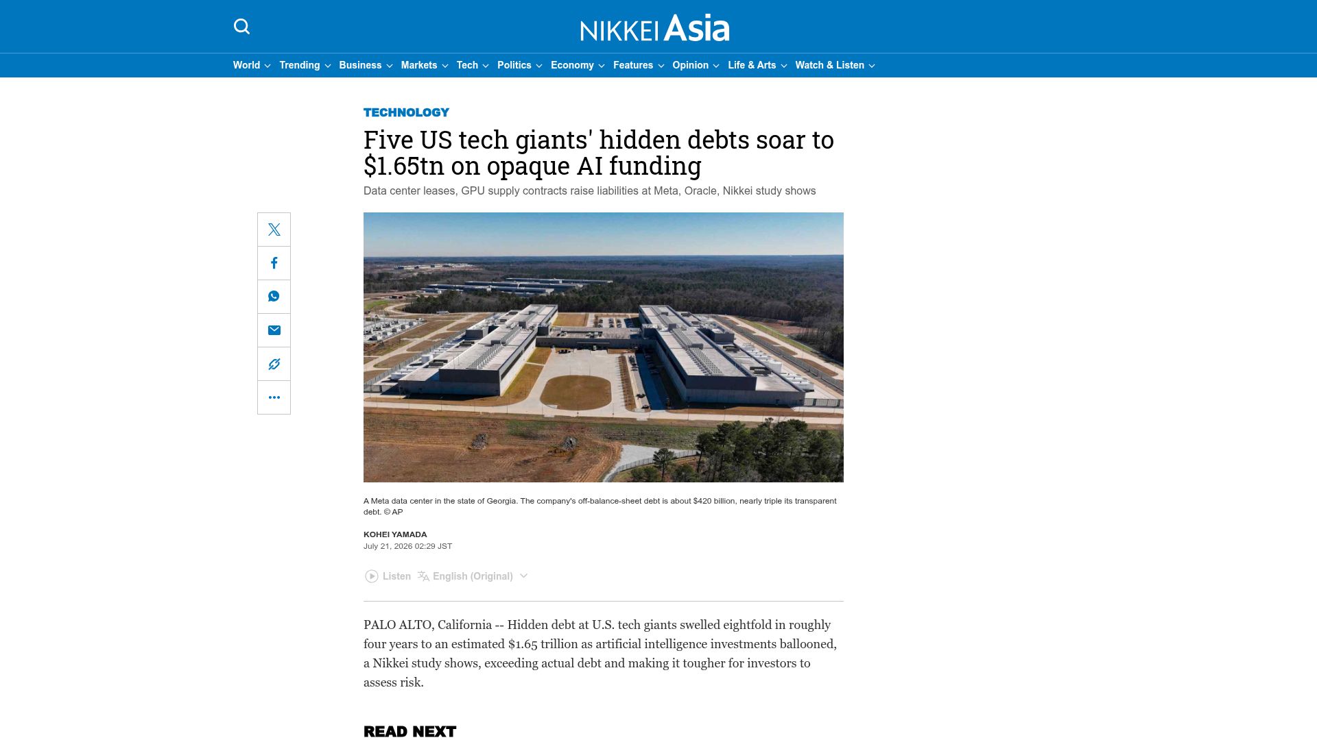 Screenshot of asia.nikkei.com: Five US tech giants' hidden debts soar to $1.65T on opaque AI funding