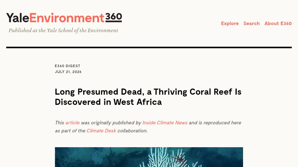 Screenshot of e360.yale.edu: Long presumed dead, a thriving coral reef is discovered in West Africa