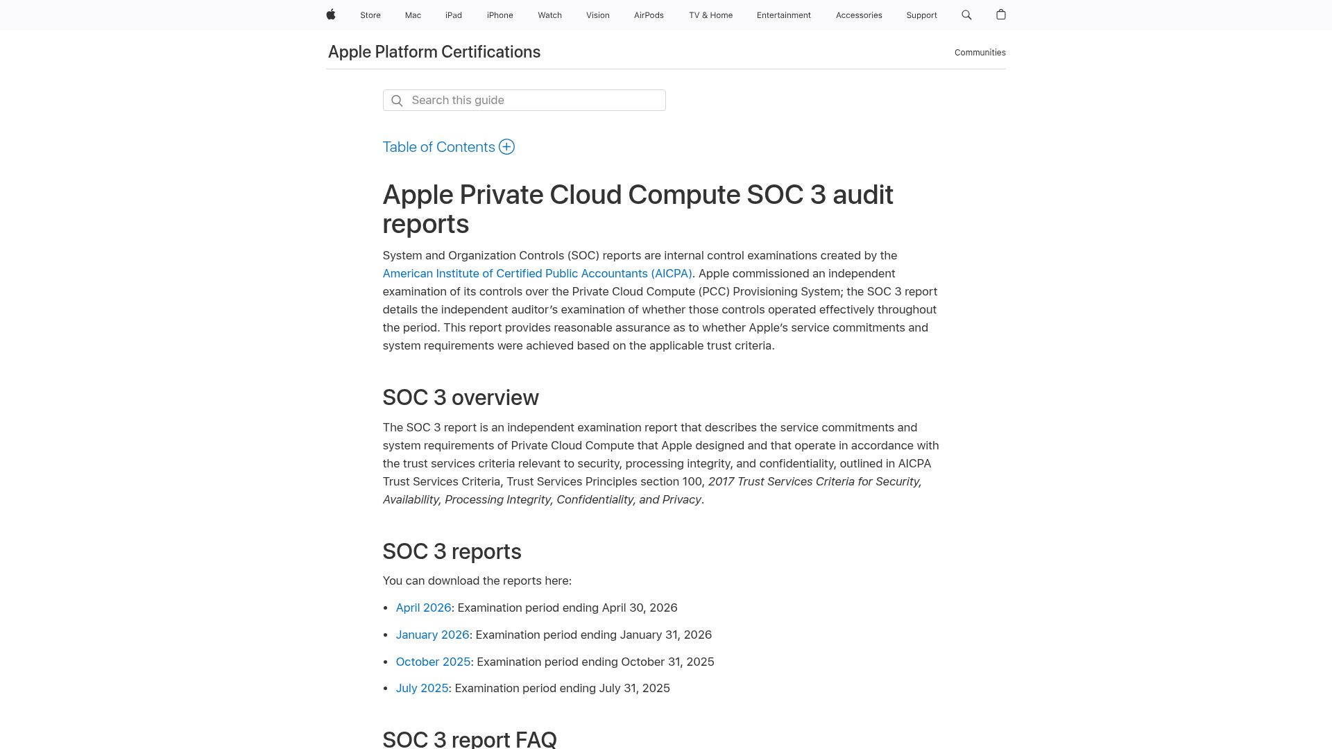 Screenshot of support.apple.com: Apple Private Cloud Compute SoC 3 audit reports