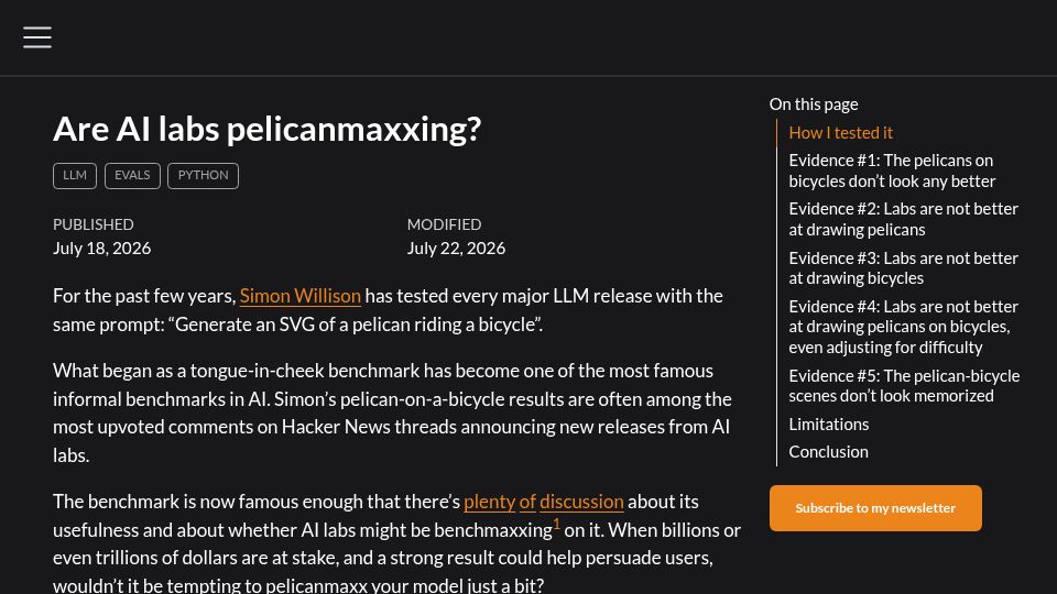 Screenshot of dylancastillo.co: Are AI labs pelicanmaxxing?