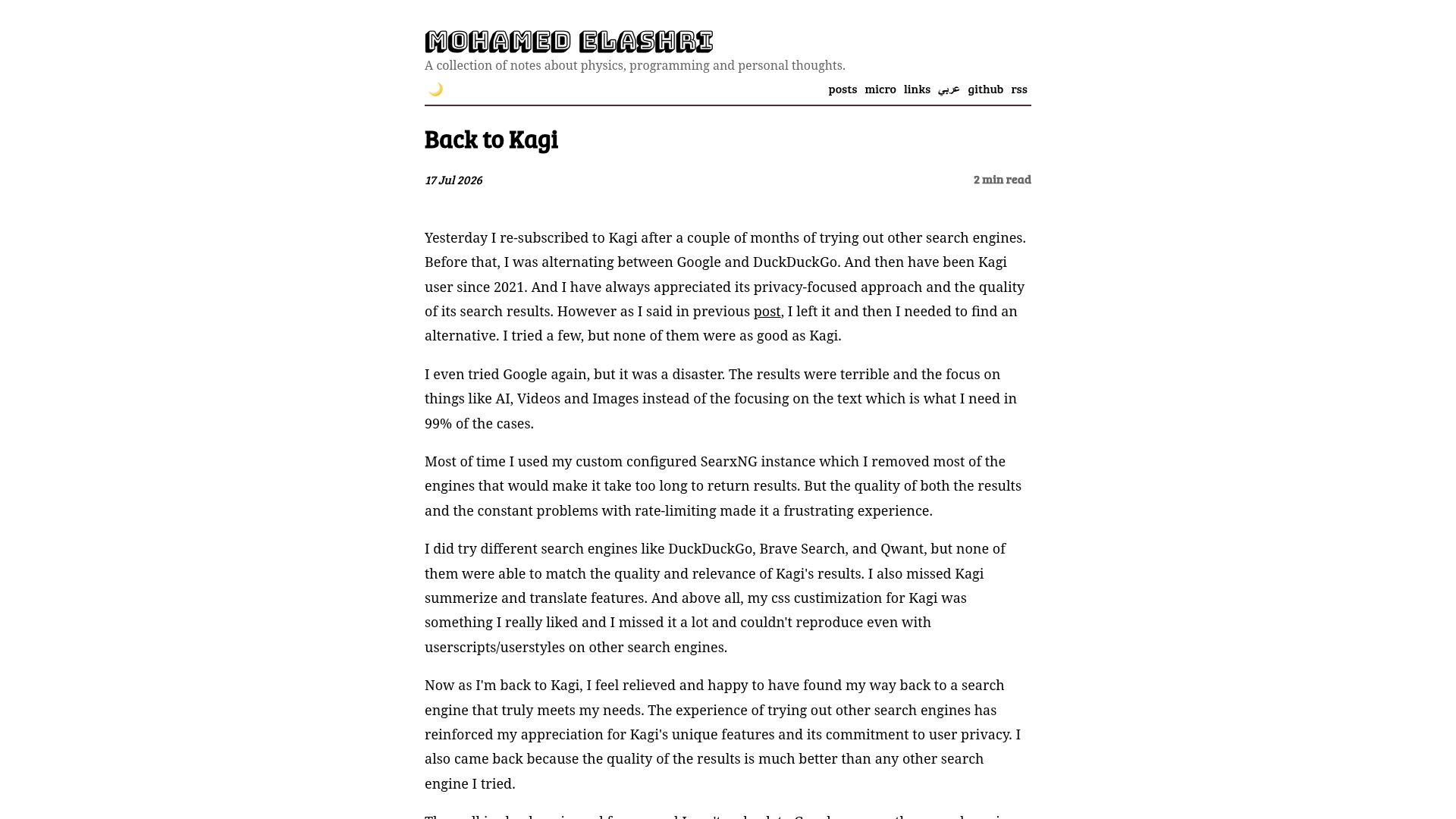 Screenshot of blog.melashri.net: Back to Kagi