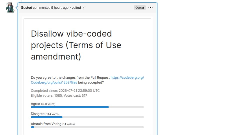 Screenshot of codeberg.org: Codeberg bans vibe coded projects