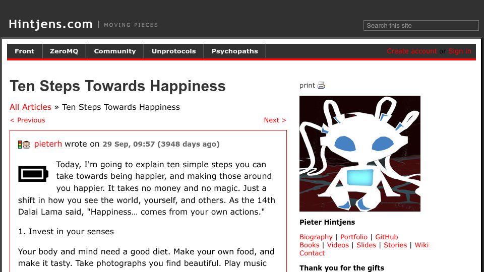Screenshot of hintjens.com: Ten Steps Towards Happiness (2015)